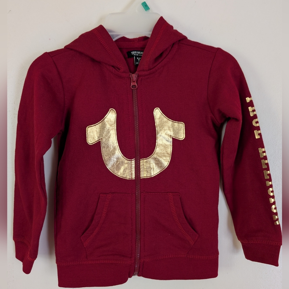 True Religion Maroon Red Gold Zip Up Hoodie Sweatshirt Kids 4T